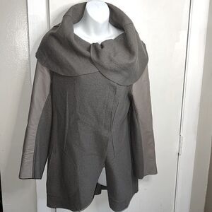 ELAINE KIM Sage Green Wool and Leather Shawl Collar Drape Front Jacket-4